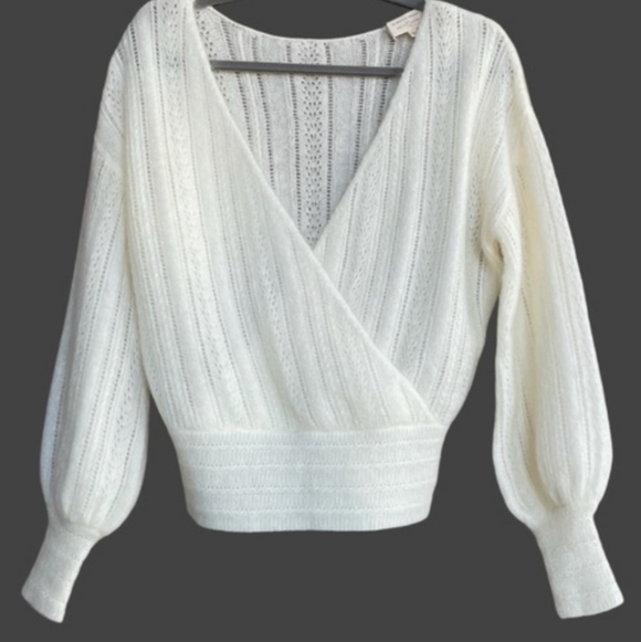 SÉZANE Cristina Cream Mohair Wool Crossover V Neck Crossover  Pointelle Sweater - Picture 10 of 16